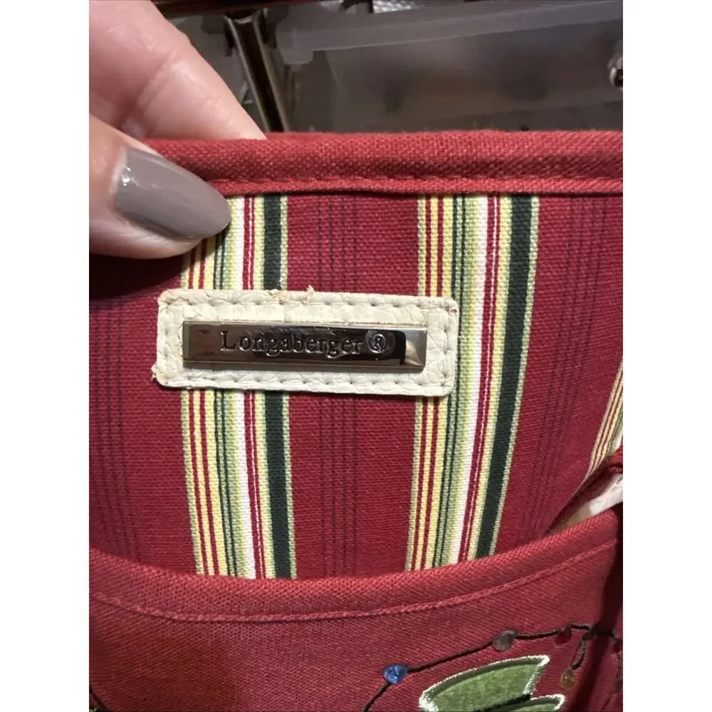 Longaberger Holiday Snowman Tote Bag Red Striped Canvas Christmas Embroidered
